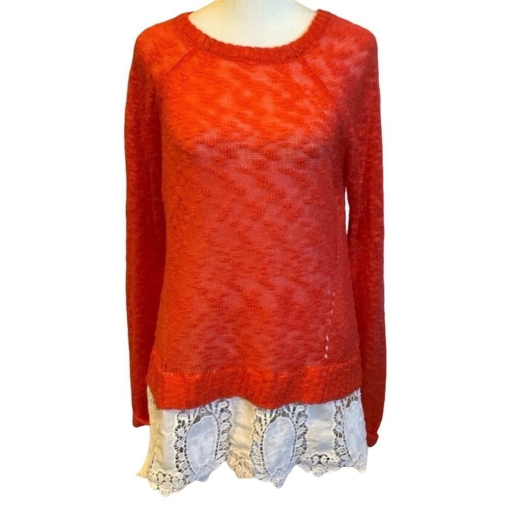 Democracy sweater. Size M. Coral/orange color with white lace trim.